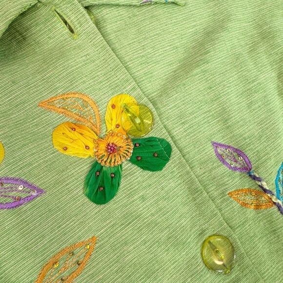 Yak Magic Jacket Womens Large Green Floral Art to Wear Beads Embroidered Buttons - Picture 5 of 11